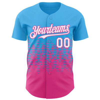 Custom Sky Blue White-Pink 3D Gradient Square Shape Authentic Baseball Jersey