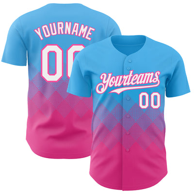 Custom Sky Blue White-Pink 3D Gradient Square Shape Authentic Baseball Jersey