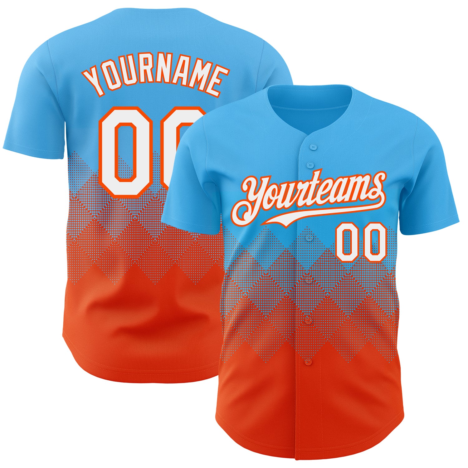 Custom Sky Blue White-Orange 3D Gradient Square Shape Authentic Baseball Jersey