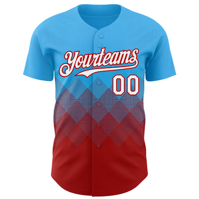 Custom Sky Blue White-Red 3D Gradient Square Shape Authentic Baseball Jersey