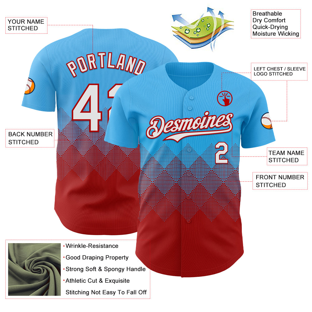 Custom Sky Blue White-Red 3D Gradient Square Shape Authentic Baseball Jersey