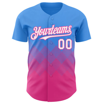 Custom Electric Blue White-Pink 3D Gradient Square Shape Authentic Baseball Jersey