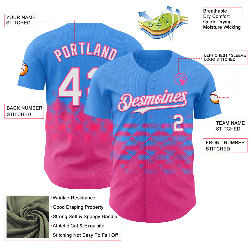 Custom Electric Blue White-Pink 3D Gradient Square Shape Authentic Baseball Jersey