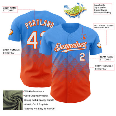 Custom Electric Blue White-Orange 3D Gradient Square Shape Authentic Baseball Jersey