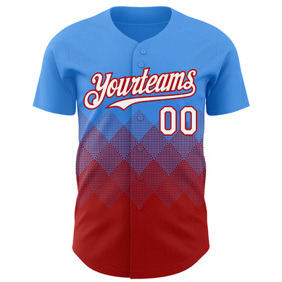 Custom Electric Blue White-Red 3D Gradient Square Shape Authentic Baseball Jersey