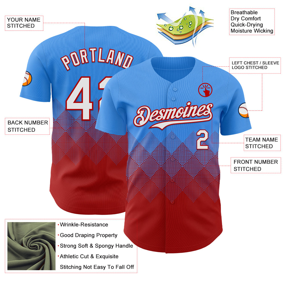 Custom Electric Blue White-Red 3D Gradient Square Shape Authentic Baseball Jersey