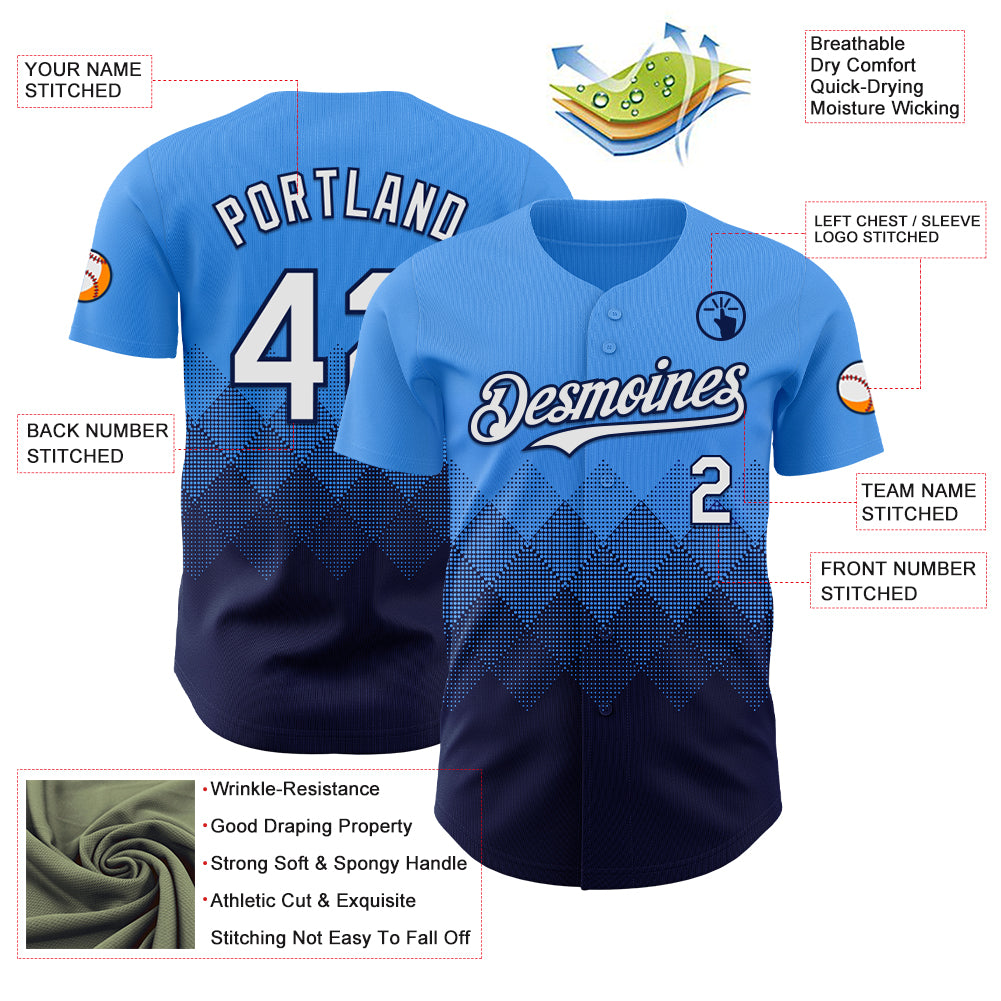 Custom Electric Blue White-Navy 3D Gradient Square Shape Authentic Baseball Jersey