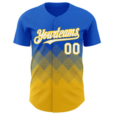 Custom Thunder Blue White-Yellow 3D Gradient Square Shape Authentic Baseball Jersey