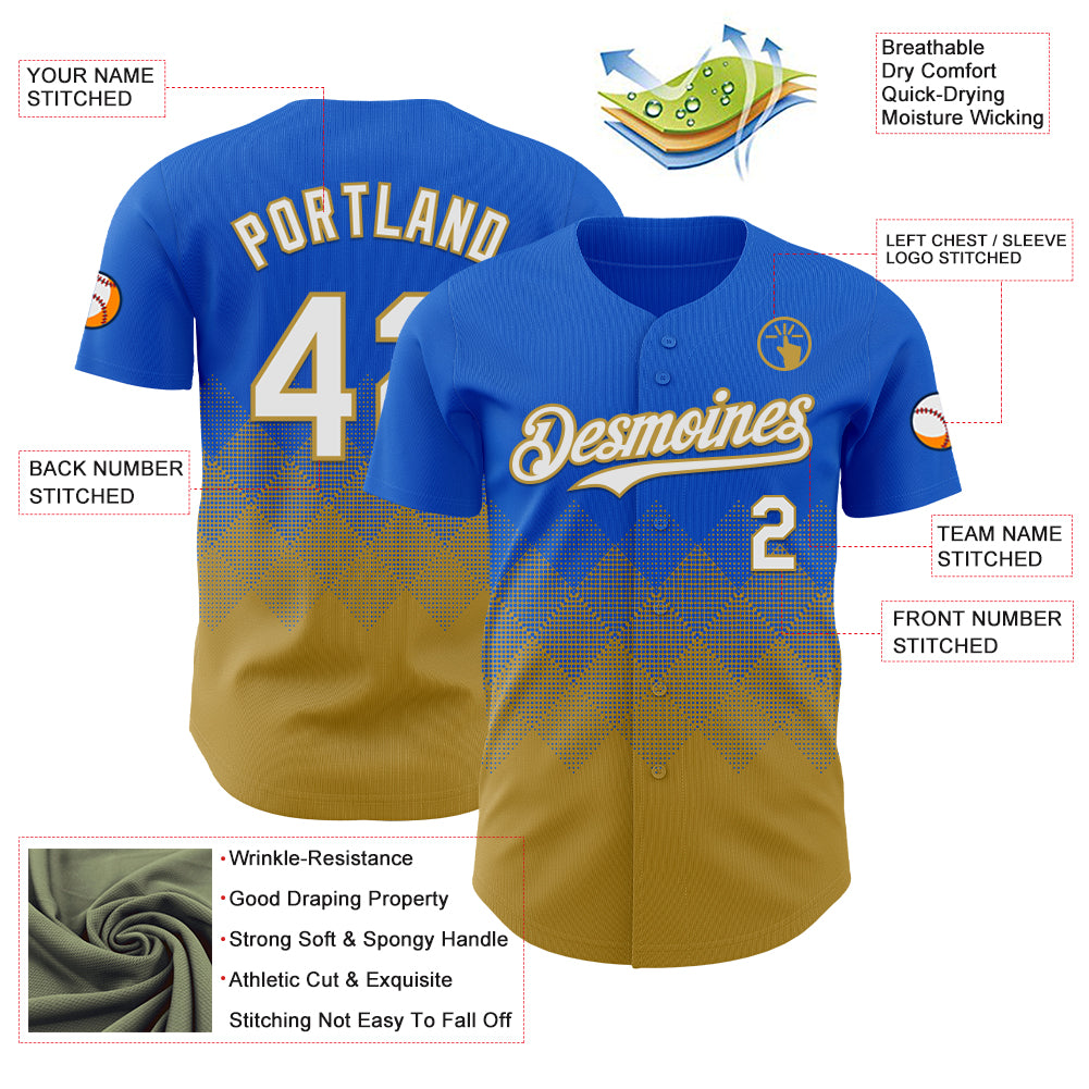 Custom Thunder Blue White-Old Gold 3D Gradient Square Shape Authentic Baseball Jersey