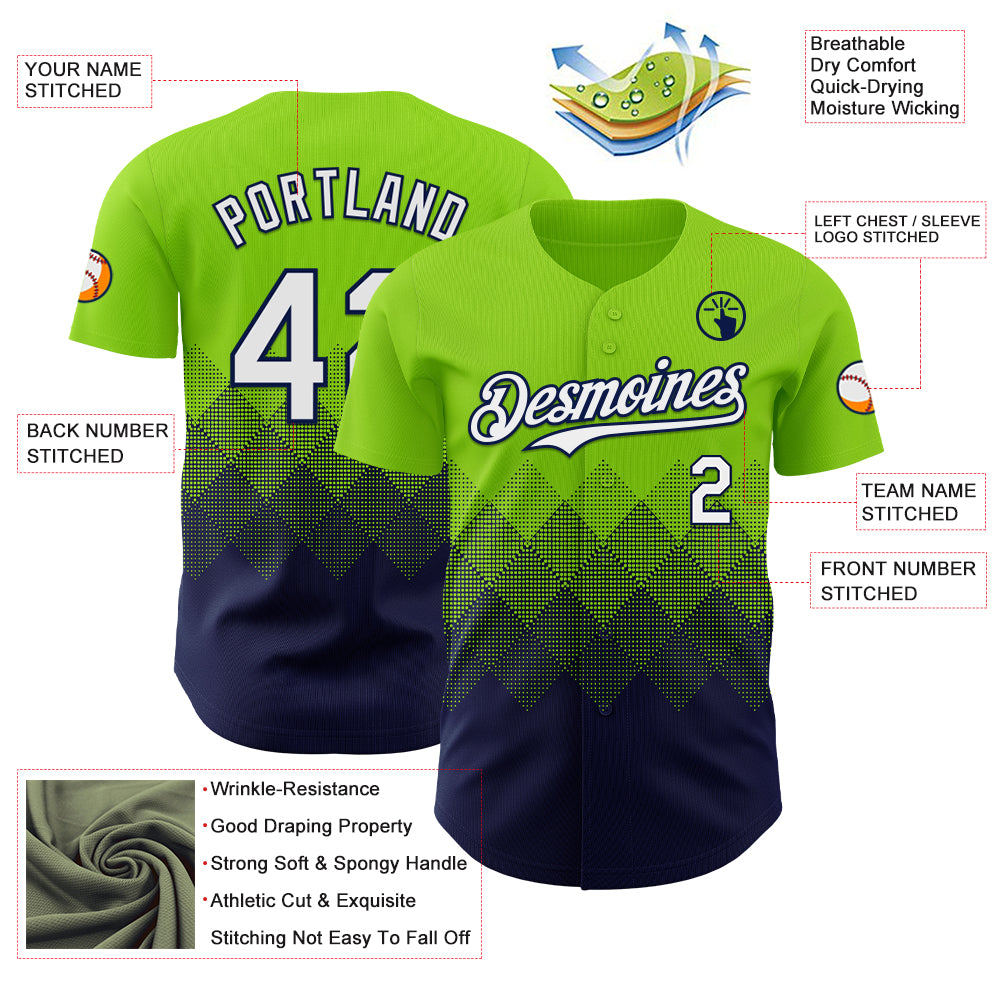 Custom Neon Green White-Navy 3D Gradient Square Shape Authentic Baseball Jersey