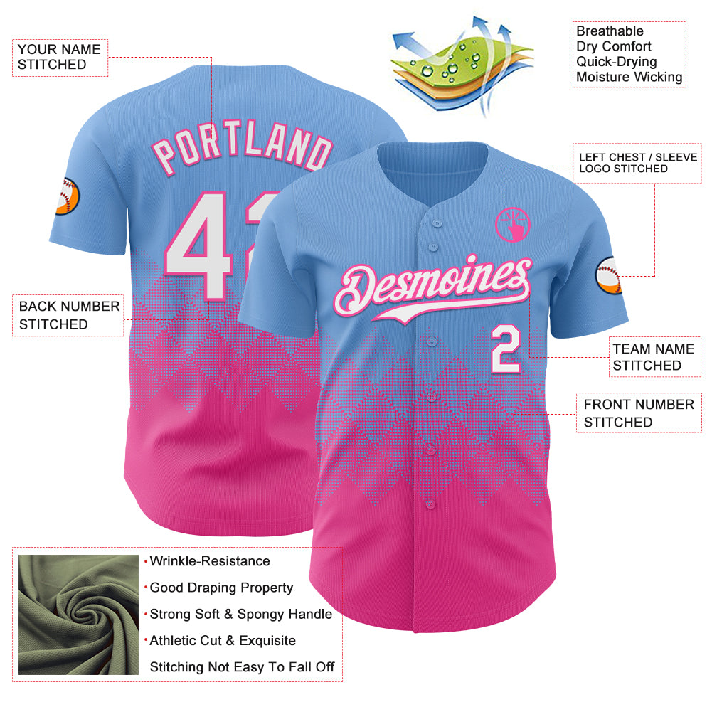 Custom Light Blue White-Pink 3D Gradient Square Shape Authentic Baseball Jersey