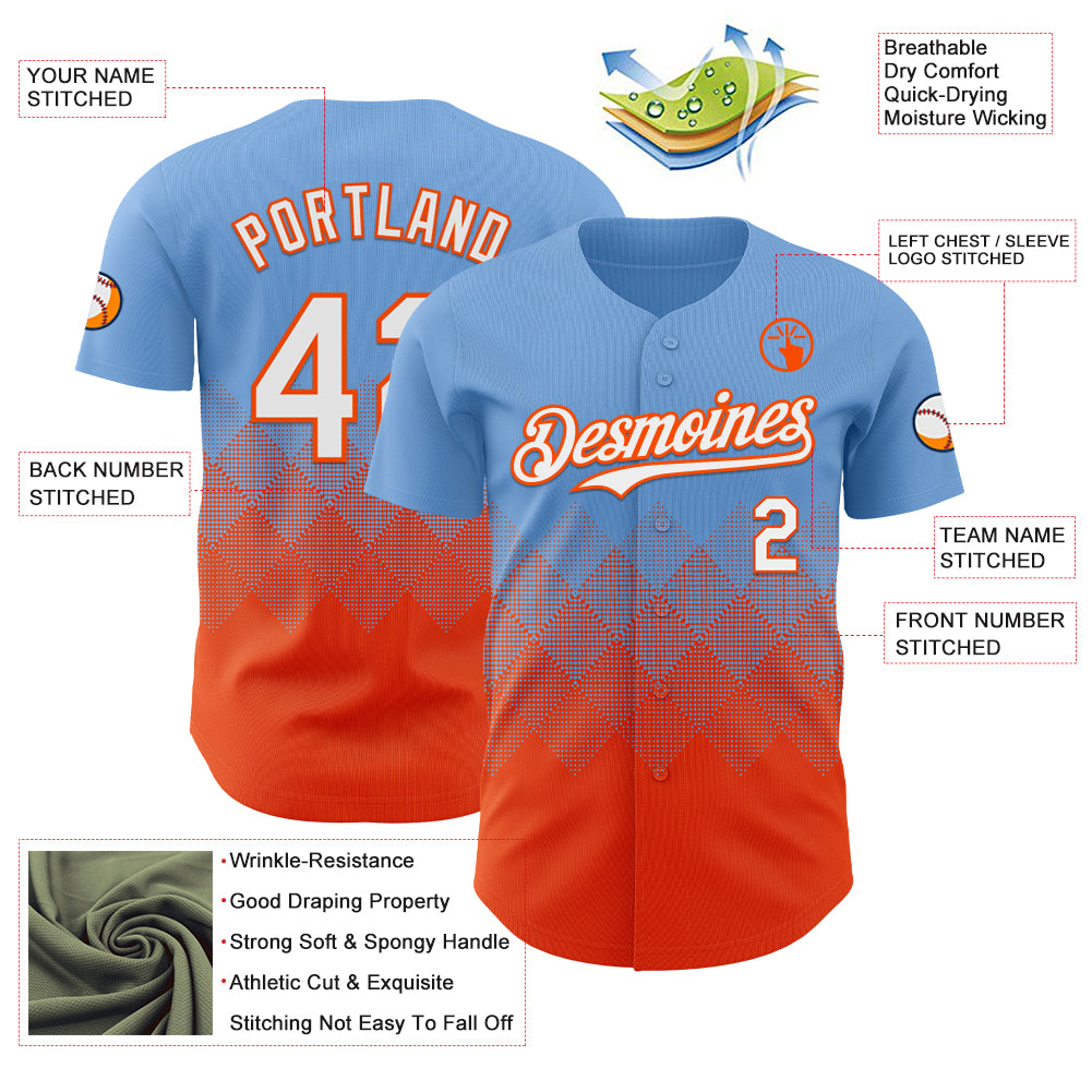 Custom Light Blue White-Orange 3D Gradient Square Shape Authentic Baseball Jersey