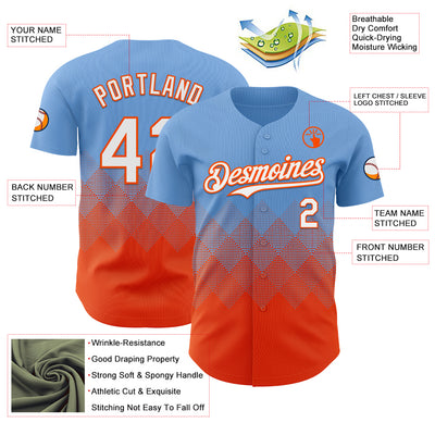 Custom Light Blue White-Orange 3D Gradient Square Shape Authentic Baseball Jersey