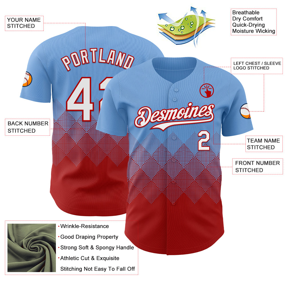 Custom Light Blue White-Red 3D Gradient Square Shape Authentic Baseball Jersey