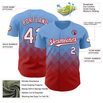 Custom Light Blue White-Red 3D Gradient Square Shape Authentic Baseball Jersey