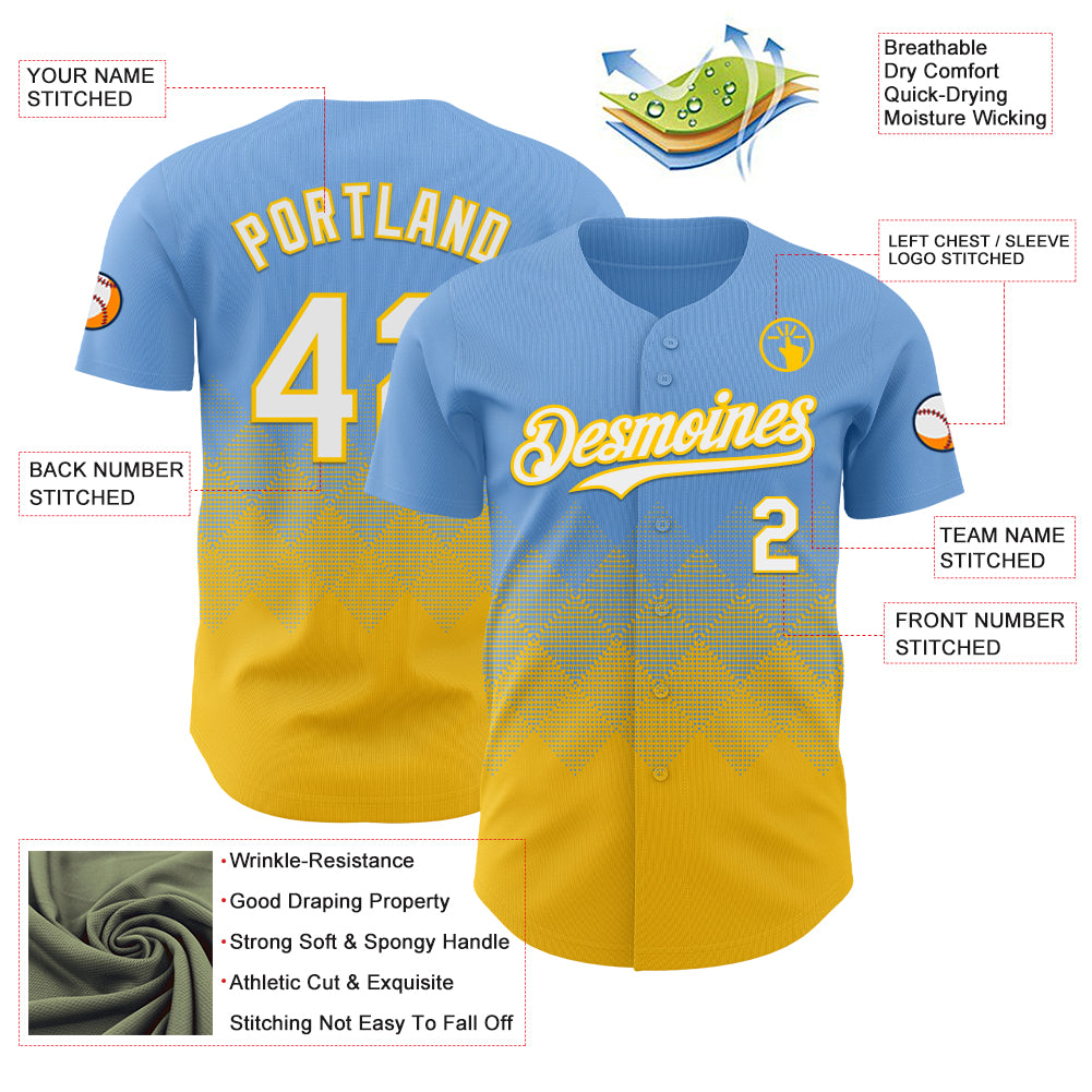 Custom Light Blue White-Yellow 3D Gradient Square Shape Authentic Baseball Jersey