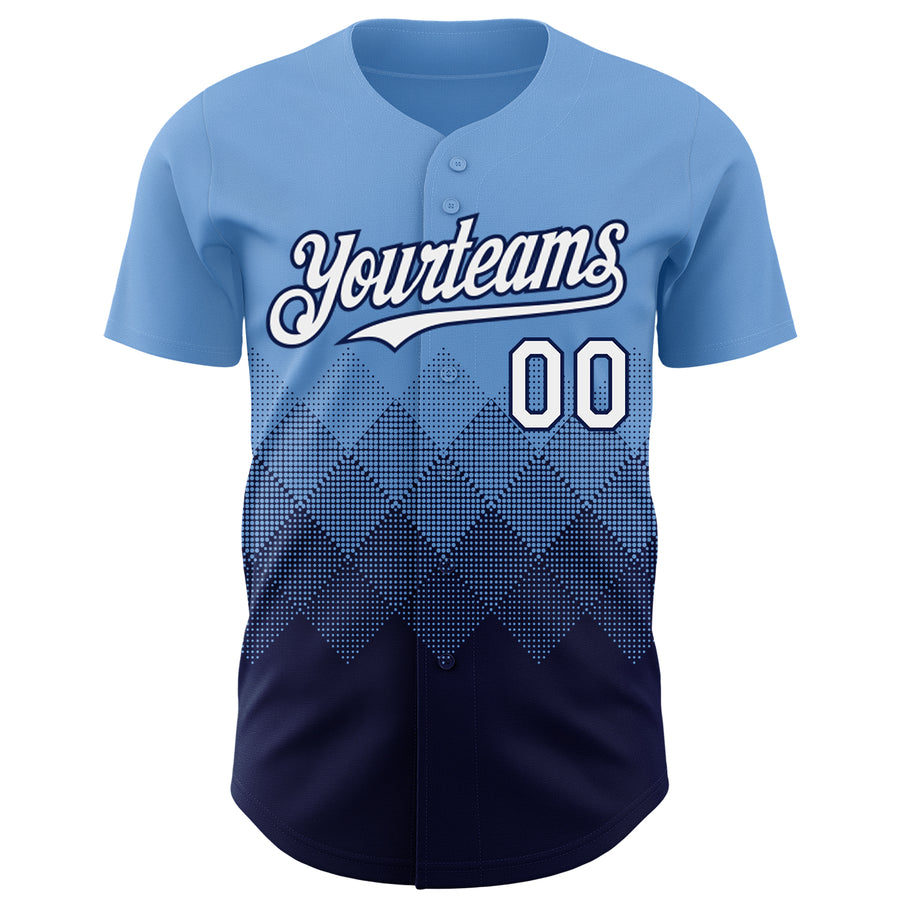 Custom Light Blue White-Navy 3D Gradient Square Shape Authentic Baseball Jersey