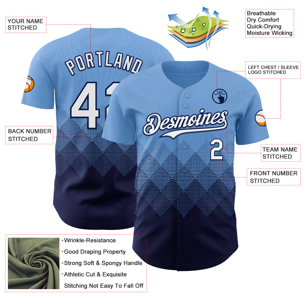 Custom Light Blue White-Navy 3D Gradient Square Shape Authentic Baseball Jersey