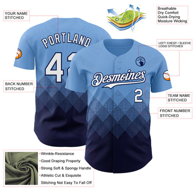 Custom Light Blue White-Navy 3D Gradient Square Shape Authentic Baseball Jersey