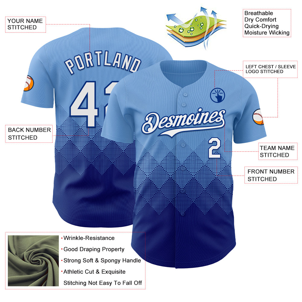 Custom Light Blue White-Royal 3D Gradient Square Shape Authentic Baseball Jersey