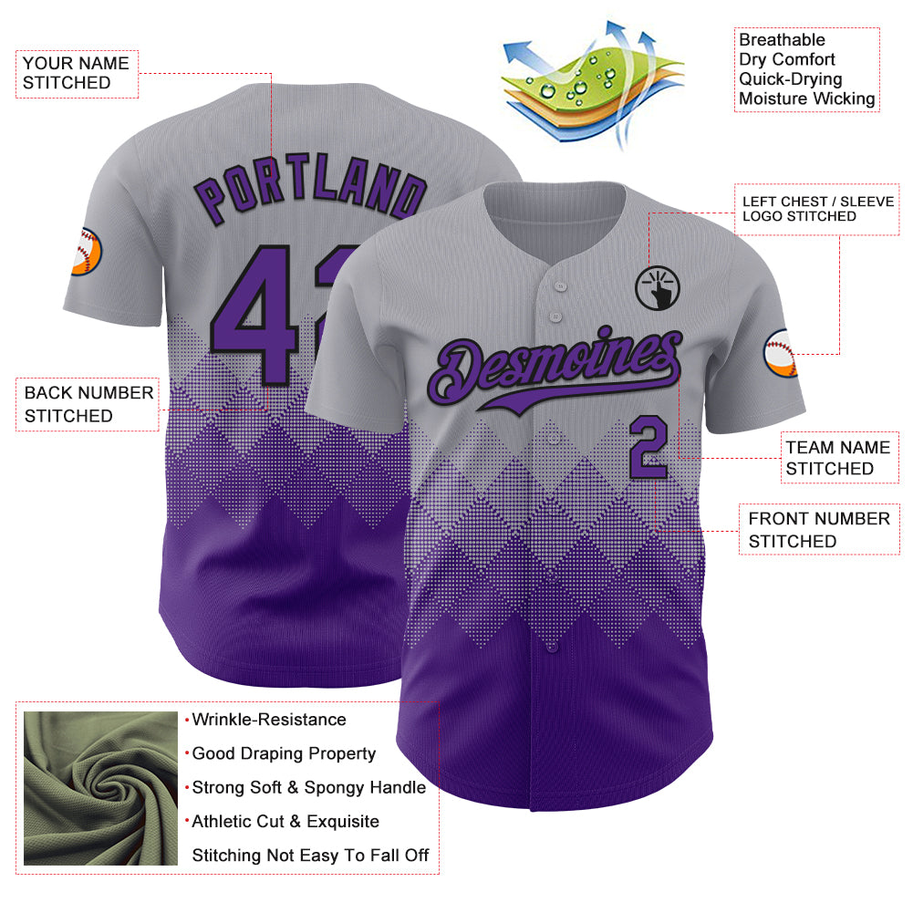 Custom Gray Purple-Black 3D Gradient Square Shape Authentic Baseball Jersey
