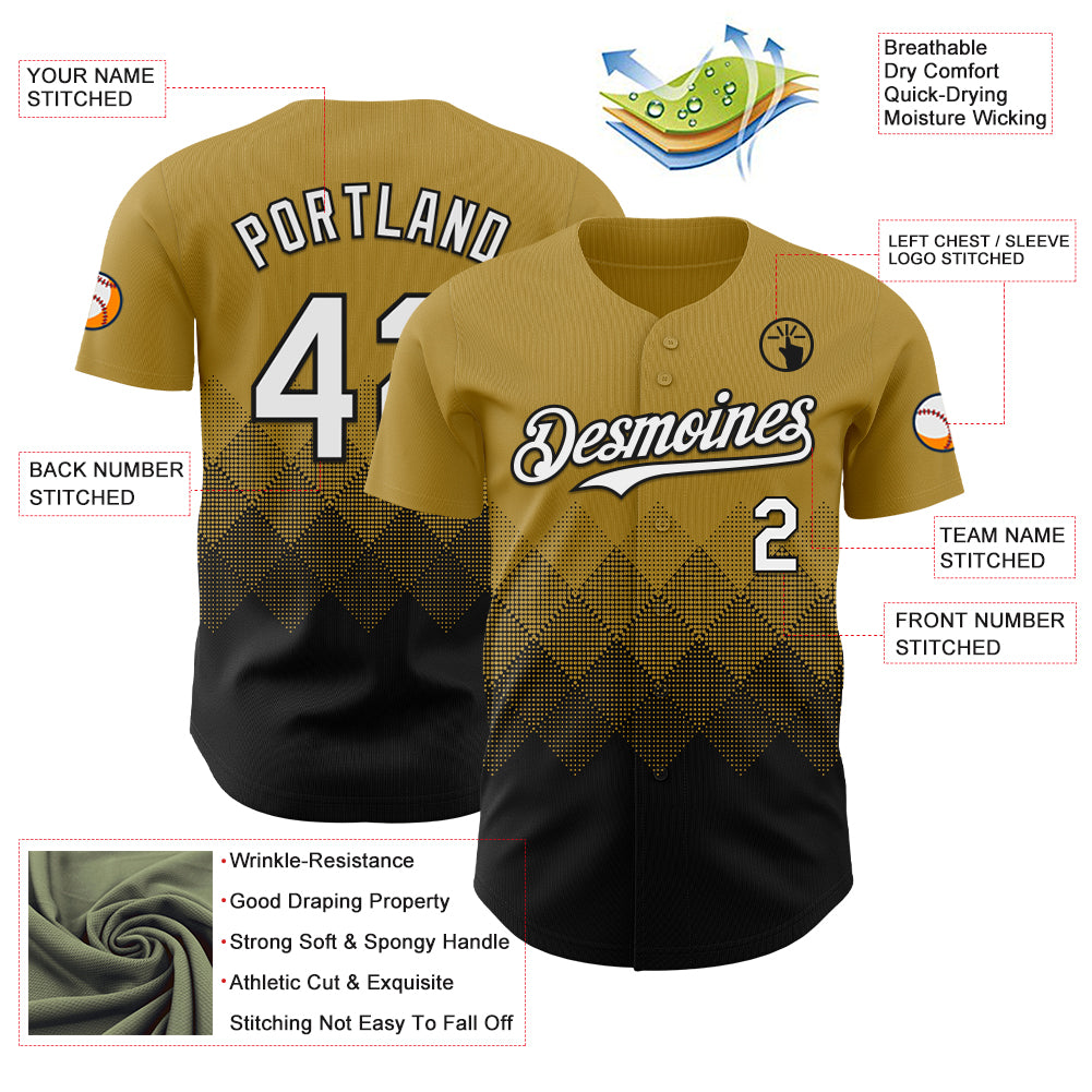 Custom Old Gold White-Black 3D Gradient Square Shape Authentic Baseball Jersey