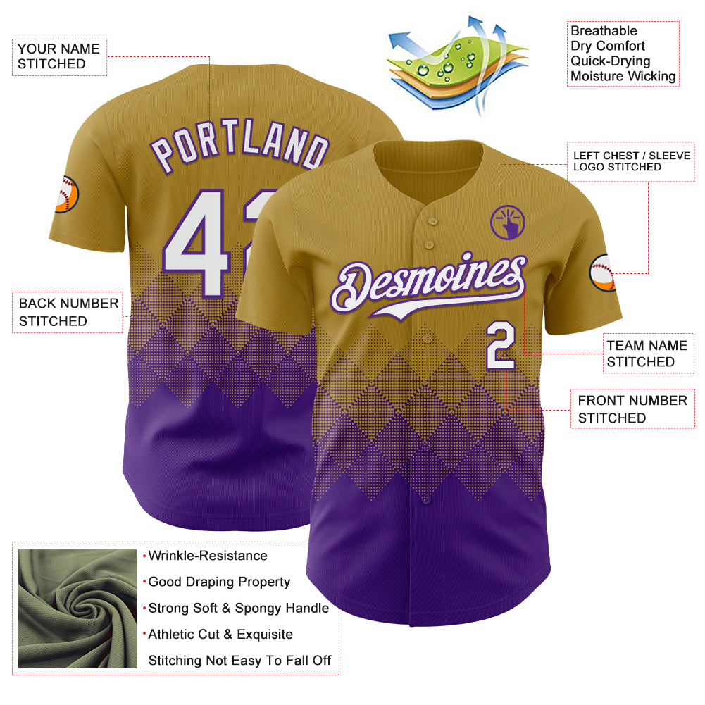 Custom Old Gold White-Purple 3D Gradient Square Shape Authentic Baseball Jersey