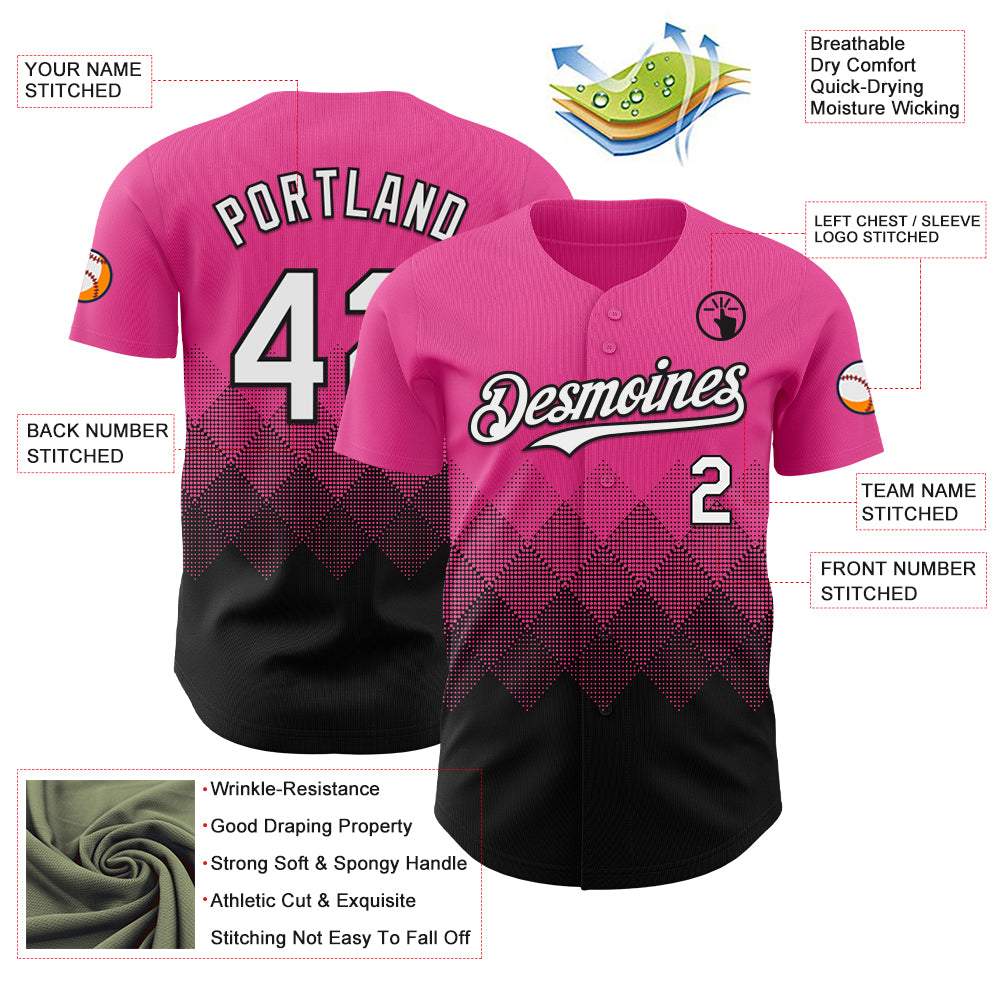Custom Pink White-Black 3D Gradient Square Shape Authentic Baseball Jersey