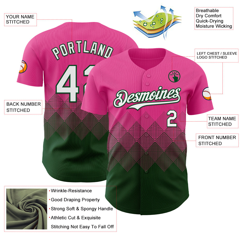 Custom Pink White-Green 3D Gradient Square Shape Authentic Baseball Jersey