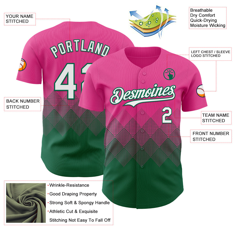 Custom Pink White-Kelly Green 3D Gradient Square Shape Authentic Baseball Jersey