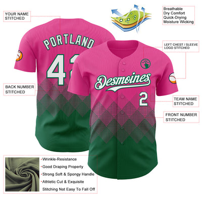 Custom Pink White-Kelly Green 3D Gradient Square Shape Authentic Baseball Jersey