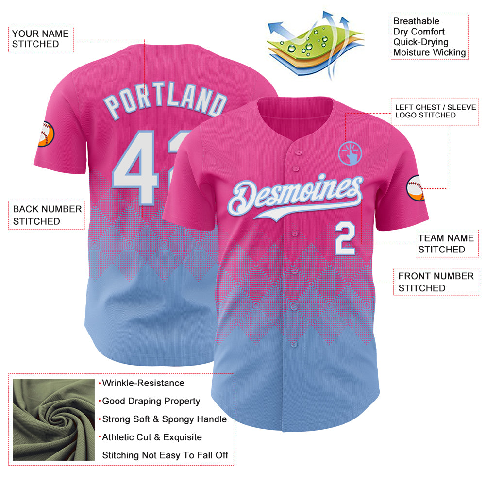 Custom Pink White-Light Blue 3D Gradient Square Shape Authentic Baseball Jersey