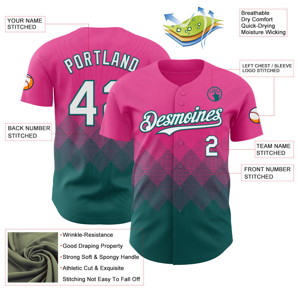 Custom Pink White-Teal 3D Gradient Square Shape Authentic Baseball Jersey