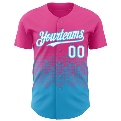 Custom Pink White-Sky Blue 3D Gradient Square Shape Authentic Baseball Jersey