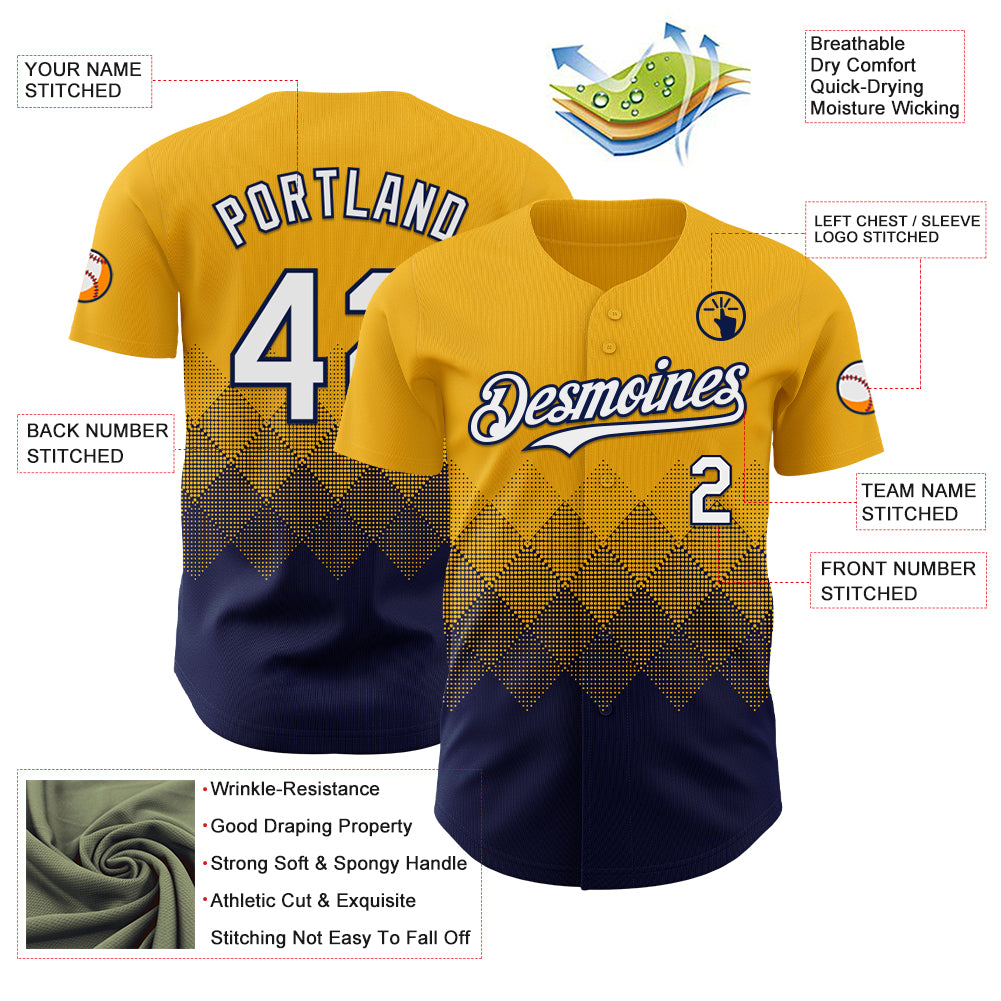 Custom Gold White-Navy 3D Gradient Square Shape Authentic Baseball Jersey