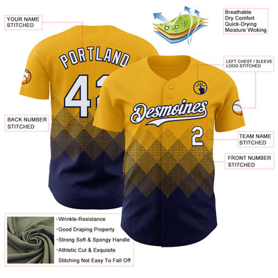 Custom Gold White-Navy 3D Gradient Square Shape Authentic Baseball Jersey