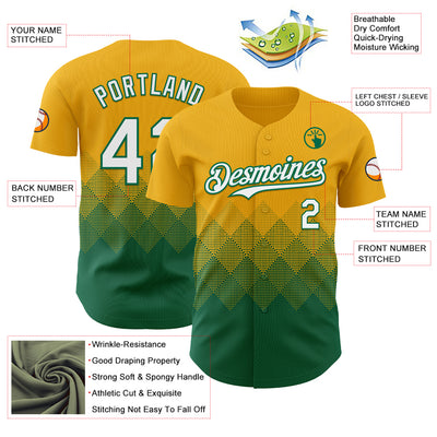 Custom Gold White-Kelly Green 3D Gradient Square Shape Authentic Baseball Jersey