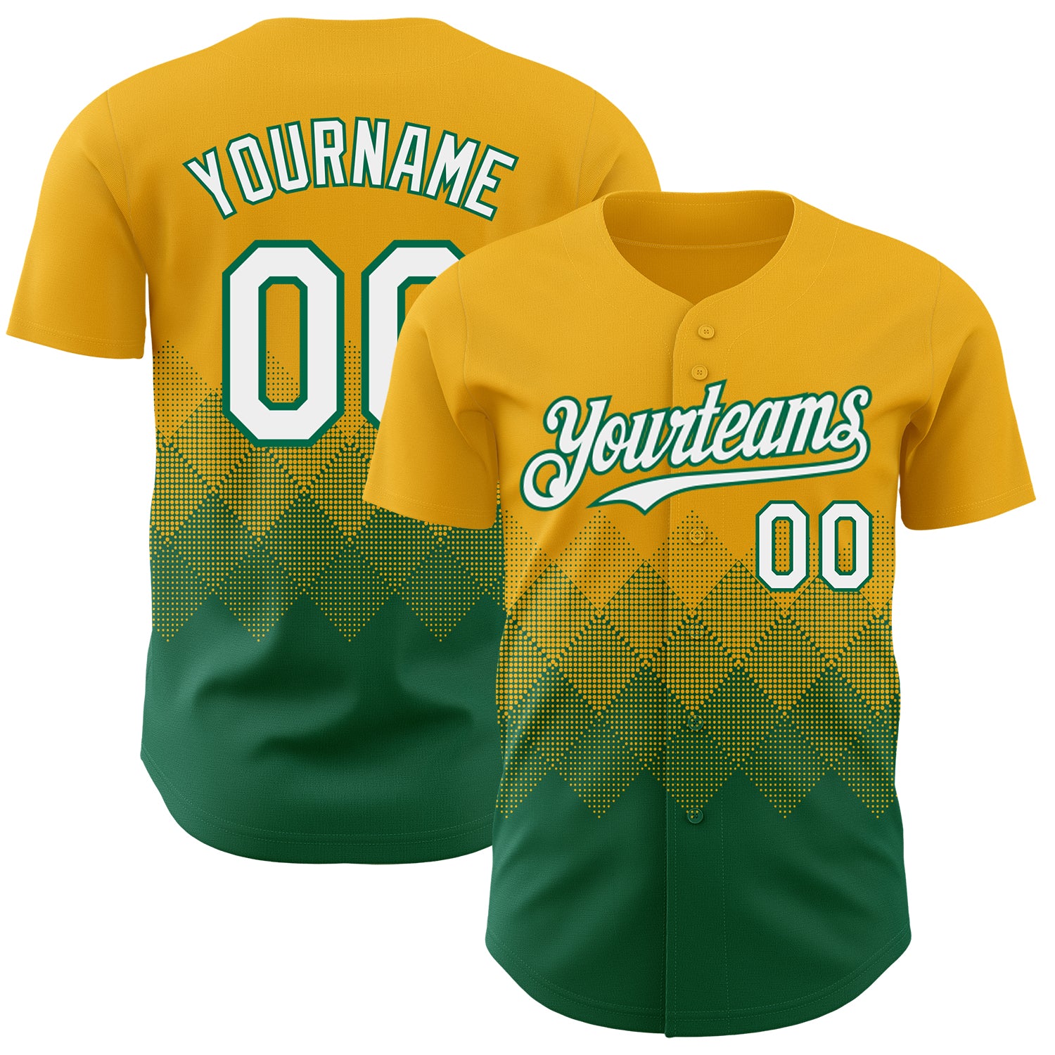Custom Gold White-Kelly Green 3D Gradient Square Shape Authentic Baseball Jersey