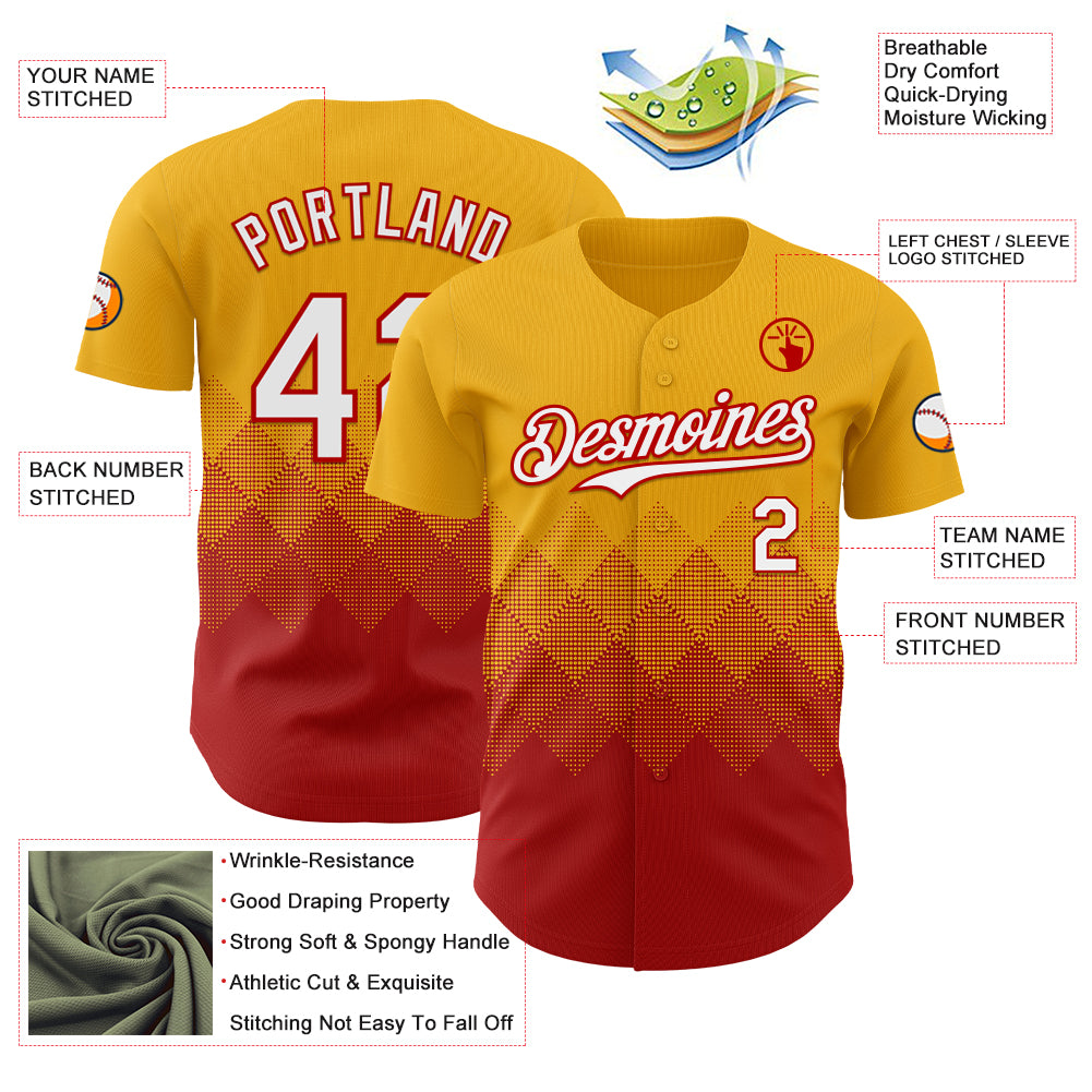 Custom Gold White-Red 3D Gradient Square Shape Authentic Baseball Jersey