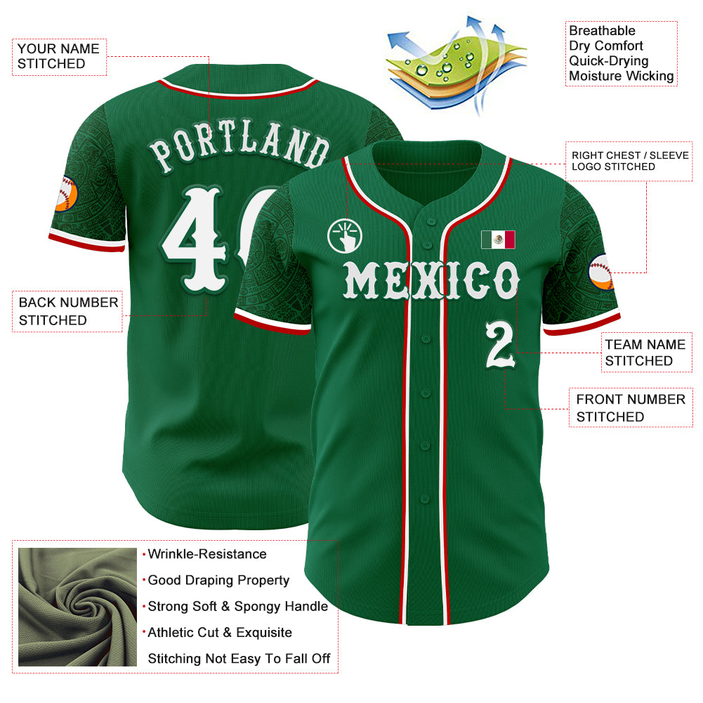 Custom Kelly Green White-Red 3D Mexico Mexican Flag Authentic Baseball Jersey