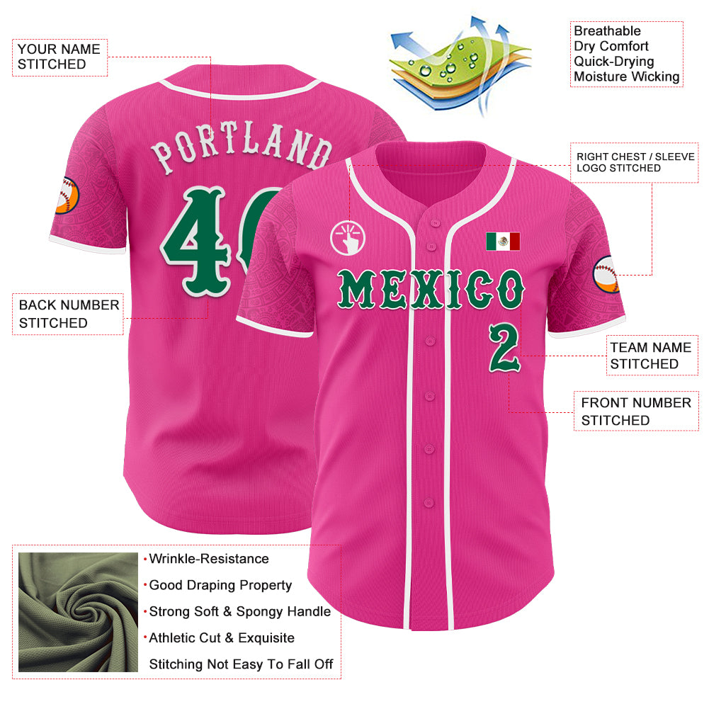 Custom Pink Kelly Green-White 3D Mexico Mexican Flag Authentic Baseball Jersey