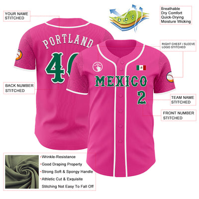 Custom Pink Kelly Green-White 3D Mexico Mexican Flag Authentic Baseball Jersey