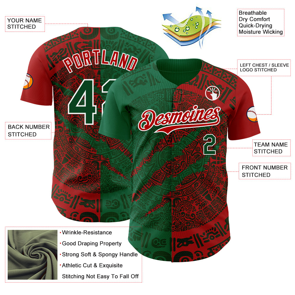 Custom Red Green Kelly Green-White 3D Mexico Scratch Authentic Baseball Jersey