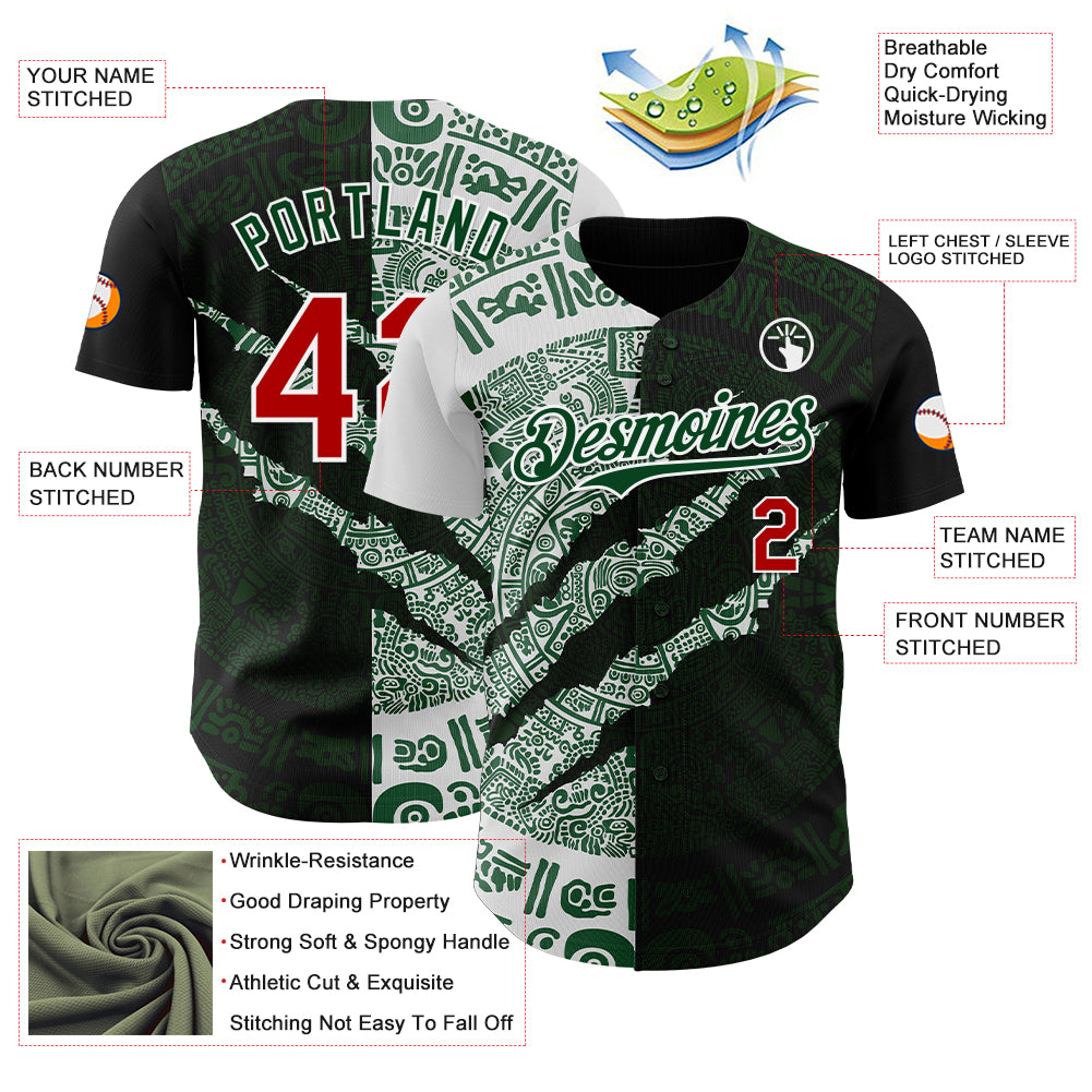 Custom Black Red Green-White 3D Mexico Scratch Authentic Baseball Jersey