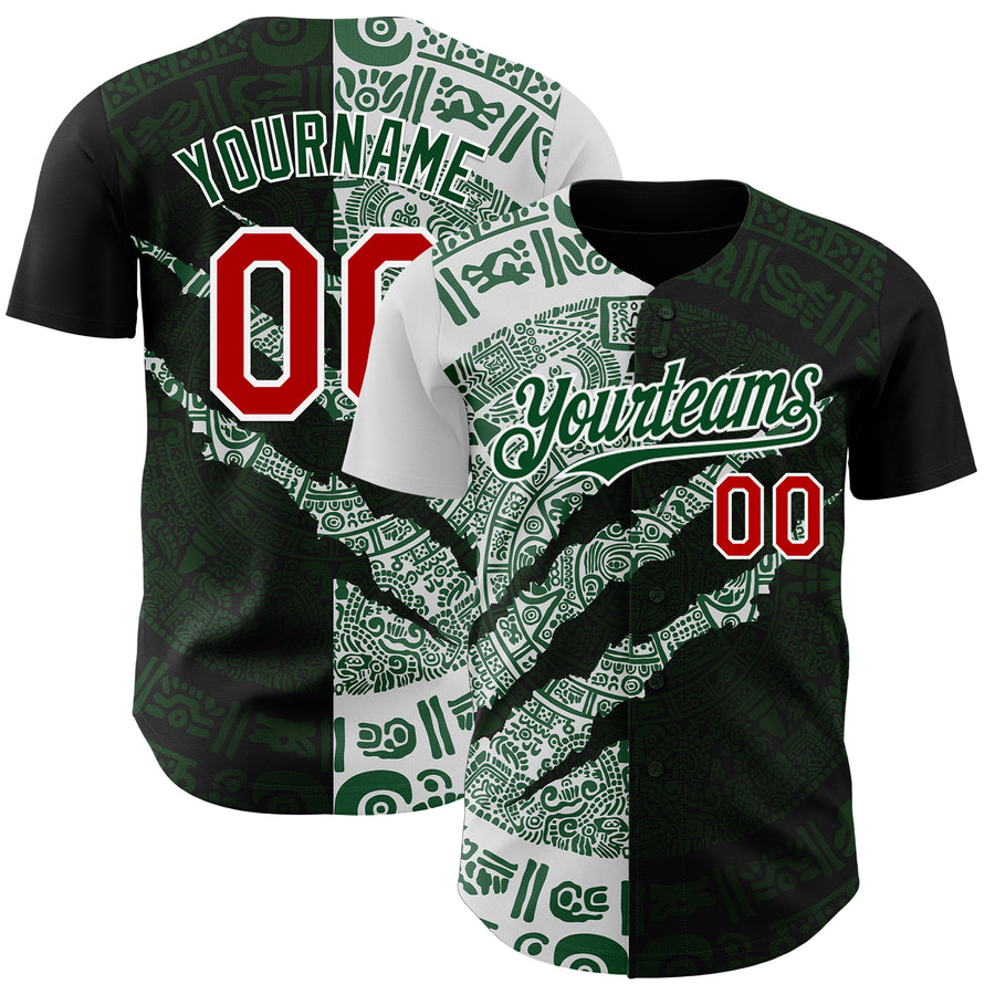 Custom Black Red Green-White 3D Mexico Scratch Authentic Baseball Jersey