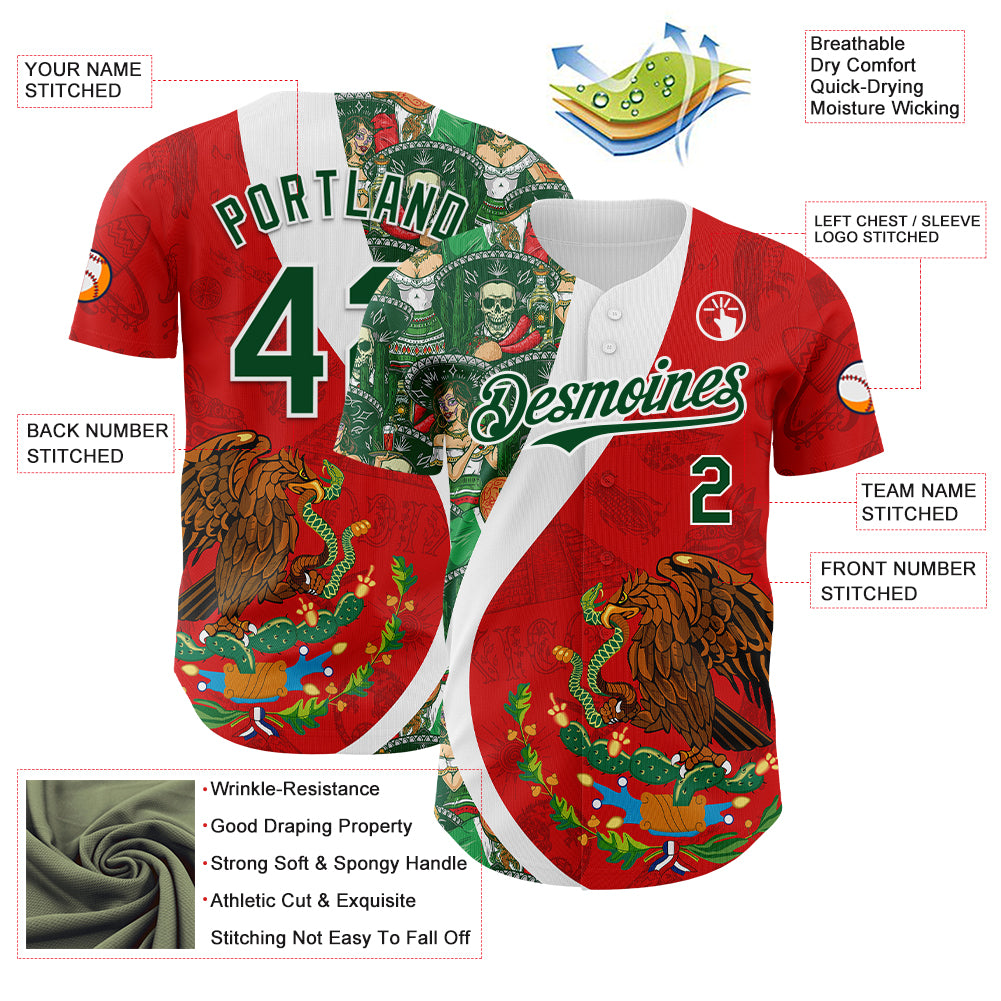 Custom Red Green-White 3D Mexico Authentic Baseball Jersey