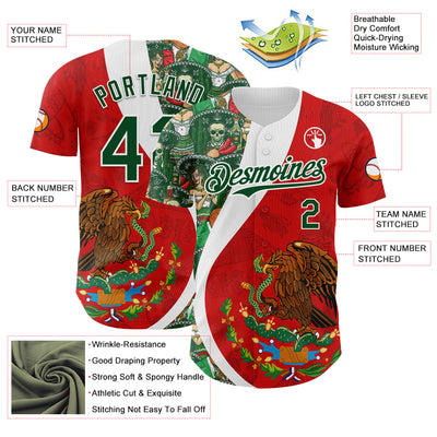 Custom Red Green-White 3D Mexico Authentic Baseball Jersey