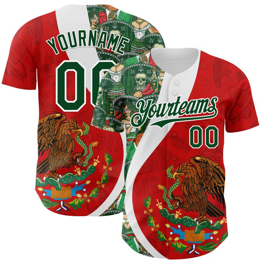 Custom Red Green-White 3D Mexico Authentic Baseball Jersey