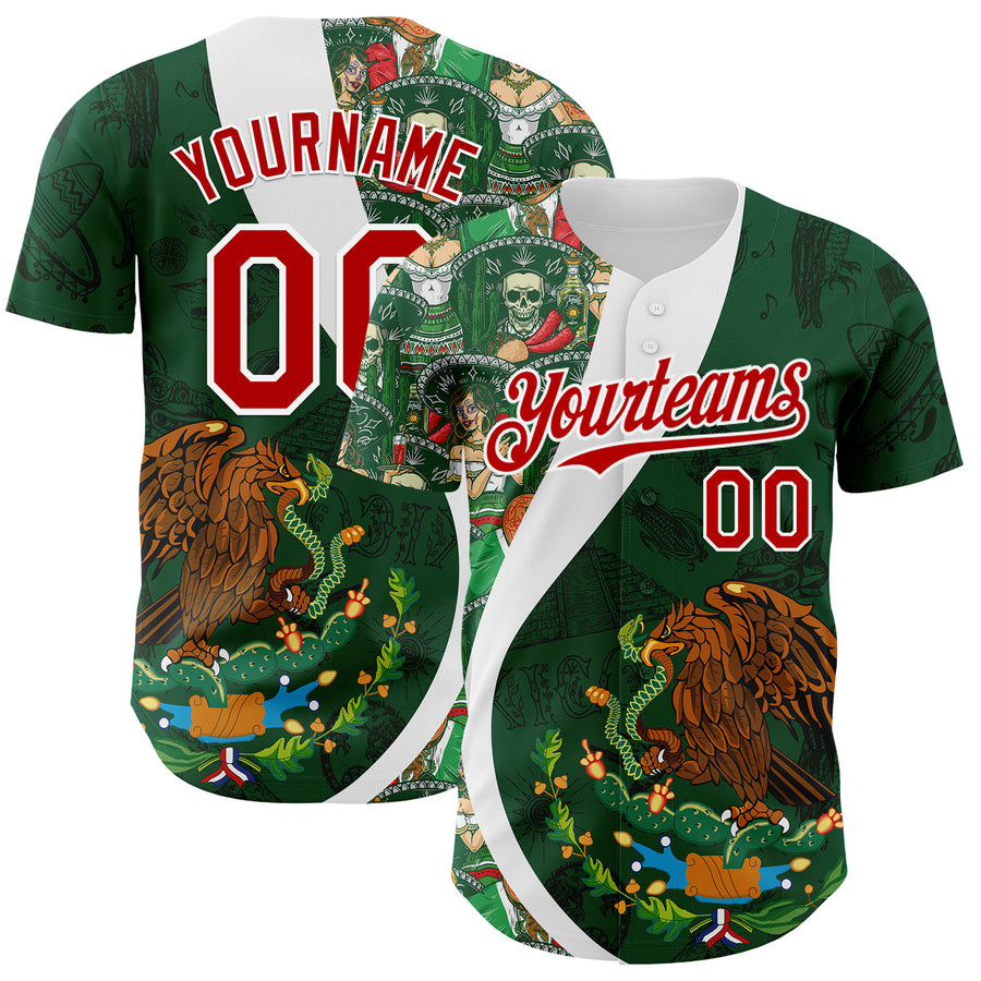 Custom Green Red Kelly Green-White 3D Mexico Authentic Baseball Jersey