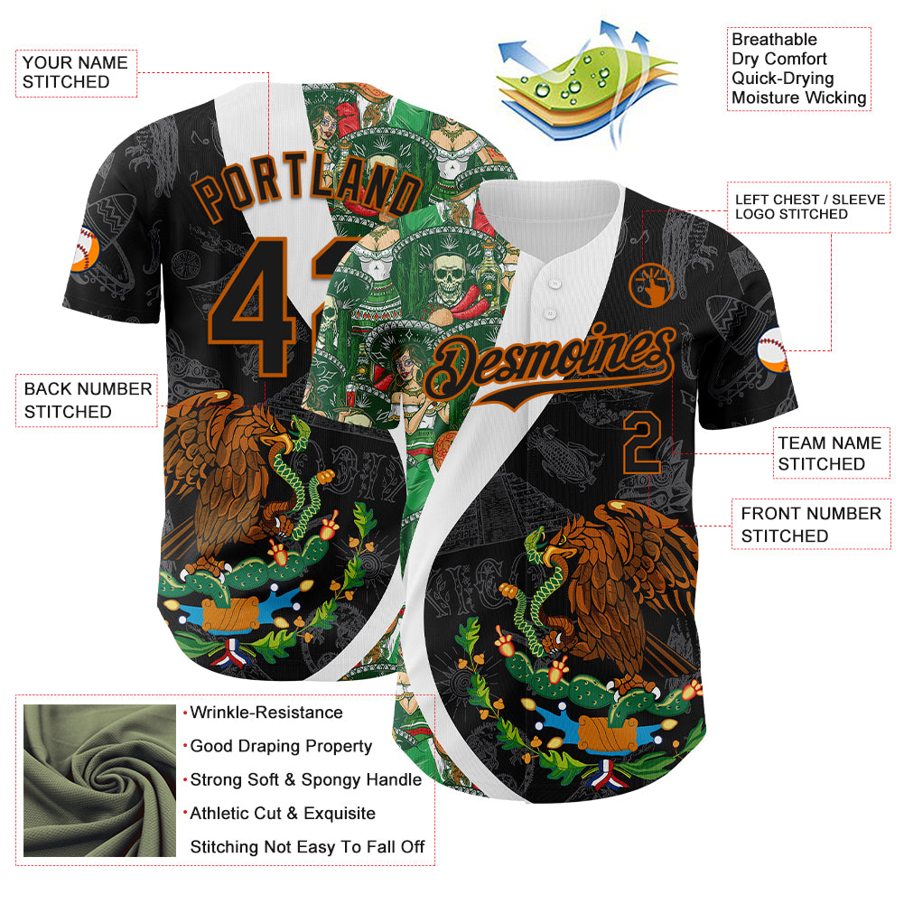 Custom Black Kelly Green Texas Orange-White 3D Mexico Authentic Baseball Jersey